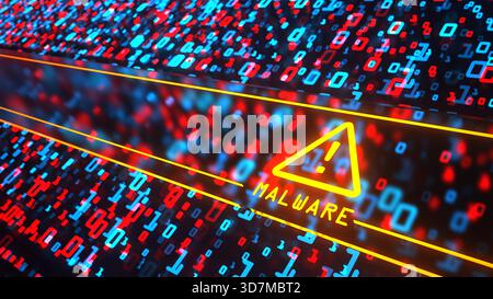 3D illustrastion - Data Matrix Warning Sign System Hacked Warning sign Malware on the digital background. 3d illustration. Stock Photo