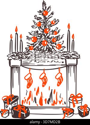 Hand drawn Christmas fireplace with festive decoration, tacky Christmas tree, xmas gift boxes with bows, candles. New Year decorated chimney. Hand dra Stock Vector