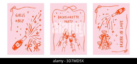 Set of hand drawn sketch doodle bachelorette party girly pink invitations in coquette style. Disco ball, champagne bottle, cheers toasting raised hand Stock Vector