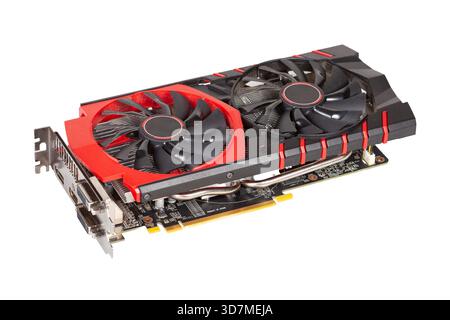 A generic black red dual-fan gaming GPU graphics card with a heatsink, shroud and IO ports panel PCIe board with HDMI DisplayPort connectors cooler wi Stock Photo