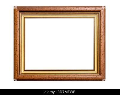 Empty wooden picture frame with gold trim isolated on white background, cut out, classic horizontal rectangle border for artwork or photo, blank copy Stock Photo