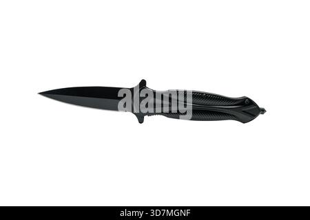 Black folding pocket knife opened and isolated on white. Sleek blade and textured handle shown in a clean product side view. Stock Photo