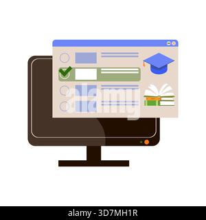 E-learning, online courses, distance learning programs at universities and schools. Computer with an information window. Flat illustration. Stock Vector