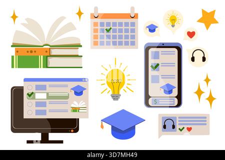 Set of illustrations: e-learning, online courses, distance learning at universities and schools. Computer, phone, books, registration forms. Flat styl Stock Vector