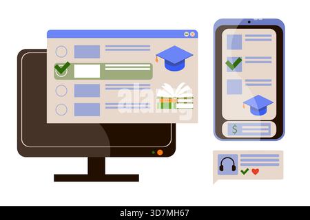 Set of illustrations: e-learning, online courses, distance learning at universities and schools. Computer, phone, dialog box. Flat style illustration. Stock Vector