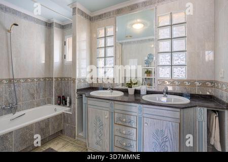 Spacious bathroom featuring twin sinks, decorative blue cabinetry, bathtub, and natural glass block lighting Stock Photo