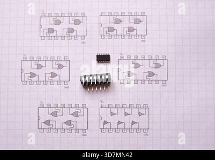 Semiconductor chips, containing logic gates. Main logic circuit diagrams. Stock Photo
