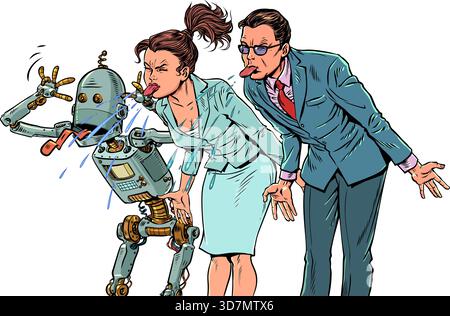 Pop Art Retro People and robot stick out their tongues together. Problems in the labor market. A company of scammers. Stock Vector