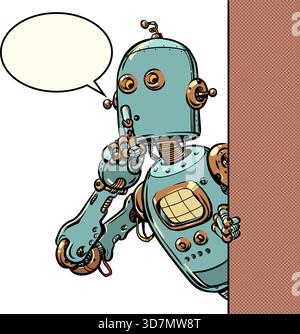 Pop Art Retro A robot shows a sign to be quiet. Secrets of AI and personal data theft. Business automation technologies. Stock Vector