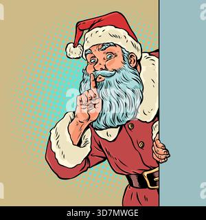 Pop Art Retro Santa Claus gives the be quiet sign. New Year s sales, promotions, and discounts. Santa Claus s secrets and the New Year s spirit. Stock Vector