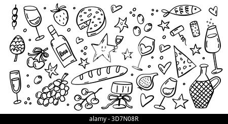 Wine themed doodle illustration with glasses grapes cheese baguette and snacks ideal for menu design branding packaging and culinary projects. Stock Vector
