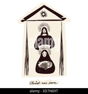 Hand drawn biblical holy family in manger nativity characters. Mary, Joseph and the baby Jesus christ child born in crib. Isolated vector icon for Stock Vector