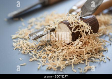 Close-up of carpentry process with tools. Stock Photo