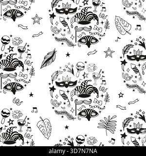 Carnival Seamless Pattern. Theatrical, Party, Masquerade masks, music notes, cocktail, jester hat, fireworks and Festive decorations on White Stock Vector