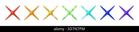 Rainbow 3D star shapes with bright shine and smooth glossy surfaces. Each 3D star element sparkles with vivid color, perfect for UI icons, stickers Stock Vector
