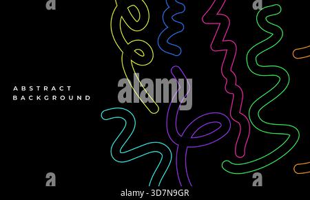 Black trendy abstract background with colorful squiggles and outlines. Dark colorful vector illustration Stock Vector
