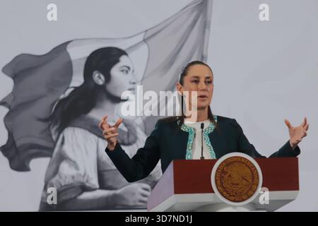 Mexico's President Claudia Sheinbaum Pardo speaks during a news conference about the new Mexican supercomputer, 'Coatlicue', the first in Latin America, will have a large data processing capacity. on November 26, 2025 in Mexico City, Mexico. (Credit Image: © Carlos Santiago/eyepix via ZUMA Press Wire) EDITORIAL USAGE ONLY! Not for Commercial USAGE! Stock Photo