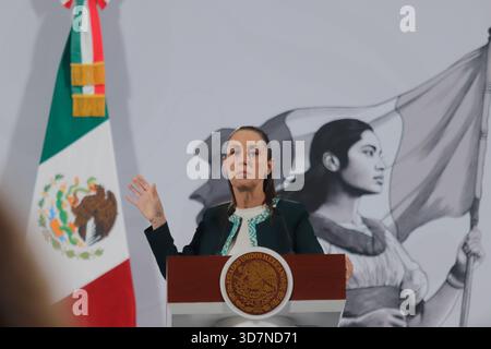 Mexico's President Claudia Sheinbaum Pardo speaks during a news conference about the new Mexican supercomputer, 'Coatlicue', the first in Latin America, will have a large data processing capacity. on November 26, 2025 in Mexico City, Mexico. (Credit Image: © Carlos Santiago/eyepix via ZUMA Press Wire) EDITORIAL USAGE ONLY! Not for Commercial USAGE! Stock Photo