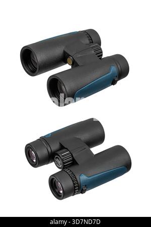 Two views of black and blue roof prism binoculars showing objective and ocular lenses. Stock Photo