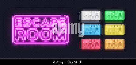Glowing neon Escape Room signs in various vibrant colors on a transparent background. Ideal for announcements, upcoming events, and modern digital Stock Vector