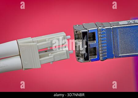 Fiber-optic cable connecting to SFP module Stock Photo