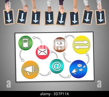 Hands holding writing slates with arrows pointing on communication concept Stock Photo