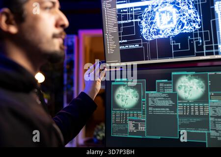Rogue engineer penetrating firewalls using malicious deep learning script on USB stick. Cybercriminal doing covert operations, bypassing security using neural network software on thumb drive Stock Photo