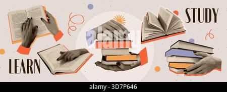 Trendy Halftone Collage. Stickers with realistic black and white human hands holding books. Love of reading and literature. Abstract vector Stock Vector