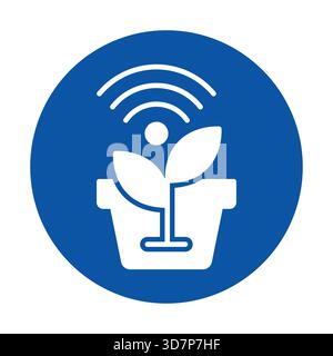 This image features a modern icon depicting a plant in a pot with Wi-Fi signals, representing the integration of technology in gardening practices for Stock Vector