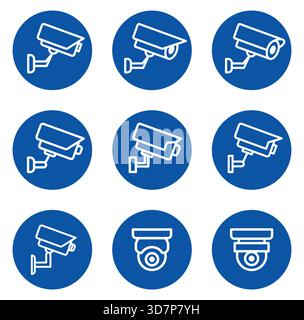 This collection features simple surveillance camera icons set against a blue background. Ideal for security articles, presentations, and digital desig Stock Vector