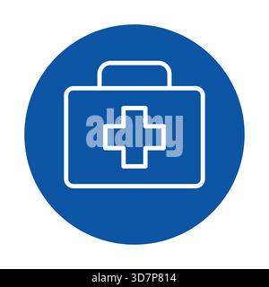 This image showcases a simple outline illustration of a first aid kit set against a blue background, symbolizing healthcare and emergency support. Stock Vector
