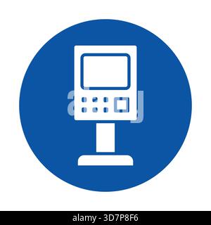 This image features a minimalist white icon of a payment kiosk set against a vibrant blue circle. It represents modern technology and digital transact Stock Vector