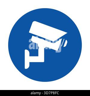 This vector graphic features a white security camera icon on a blue circular background, symbolizing surveillance and safety for homes and businesses. Stock Vector