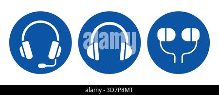 Explore three distinctive headphone designs represented as icons. Ideal for audio-related projects, these symbols evoke modern technology and sound en Stock Vector