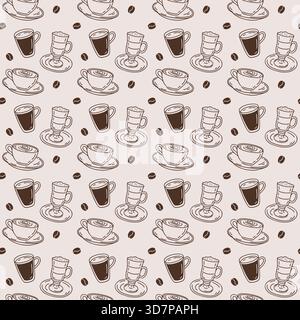 Seamless pattern with hand-drawn assorted coffee drinks on beige background. Vector outline style print. Stock Vector