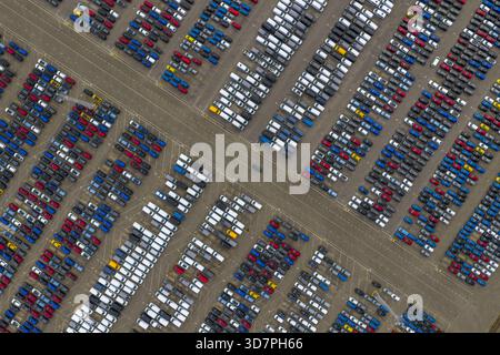 Aerial view of a large car parking lot filled with rows of colorful vehicles casting shadows on the asphalt, Sloegebied, Zeeland, Netherlands. Stock Photo