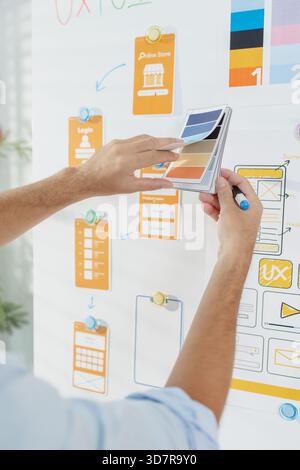 A young designer is working on a UX UI project, analyzing mobile app wireframes and choosing color palettes on a whiteboard. He focuses on brainstormi Stock Photo