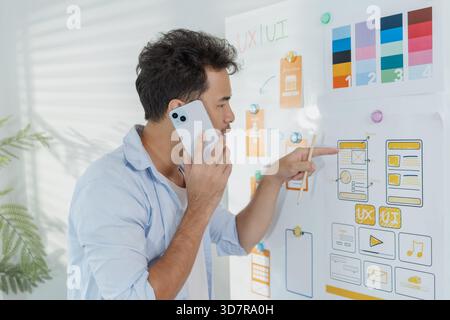 A creative designer works on UX/UI planning, analyzing sketches and prototypes on a whiteboard while using a laptop. The process shows design thinking Stock Photo