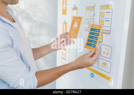 A designer is developing UX UI layouts, reviewing mobile app prototypes, and arranging interface elements on paper and board. He is focused on user ex Stock Photo