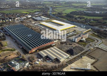 Aerial view, former Opel site Bochum I, MARK 51AÂ°7, DHL parcel center, halls of the former pressing plant, HARDECK Bochum furniture, construction si Stock Photo