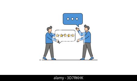 A clean line art vector illustration representing the concept of customer reviews, five-star rating, and client feedback. Stock Vector