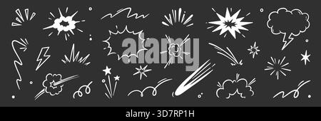 Cartoon speed effect comic line element set. Hand drawn doodle sketch boom burst, bomb smoke, explosion cloud cartoon elements. Comic speed effect, power flash, explosive shapes. Vector illustration Stock Vector