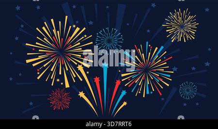 A vibrant and festive flat design vector illustration depicting an explosive fireworks display in the dark night sky. Stock Vector