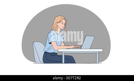 Woman working on laptop at desk illustration Stock Vector