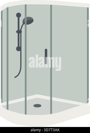 A curved glass shower enclosure with sliding door and mounted showerhead in a modern style. Stock Vector