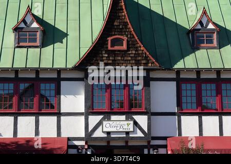 Half-timbered building with green roof in Solvang, California Stock Photo