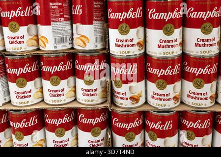 Campbell's Cream of Chicken and Mushroom Soups on Grocery Shelf Stock Photo