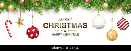 Merry christmas and happy new year holiday greeting card with hanging decorations banner template. Stock Vector
