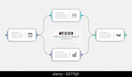 Four business concept horizontal connected stages timeline diagram with rounded rectangle boxes. Stock Vector