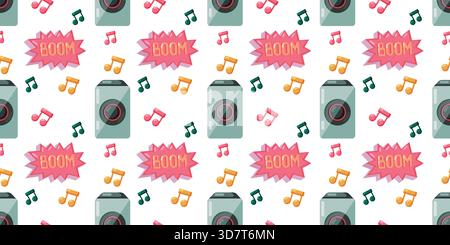 A vibrant seamless vector pattern featuring modern flat design speakers, colorful music notes, and comic style boom text bubbles, creating an energeti Stock Vector